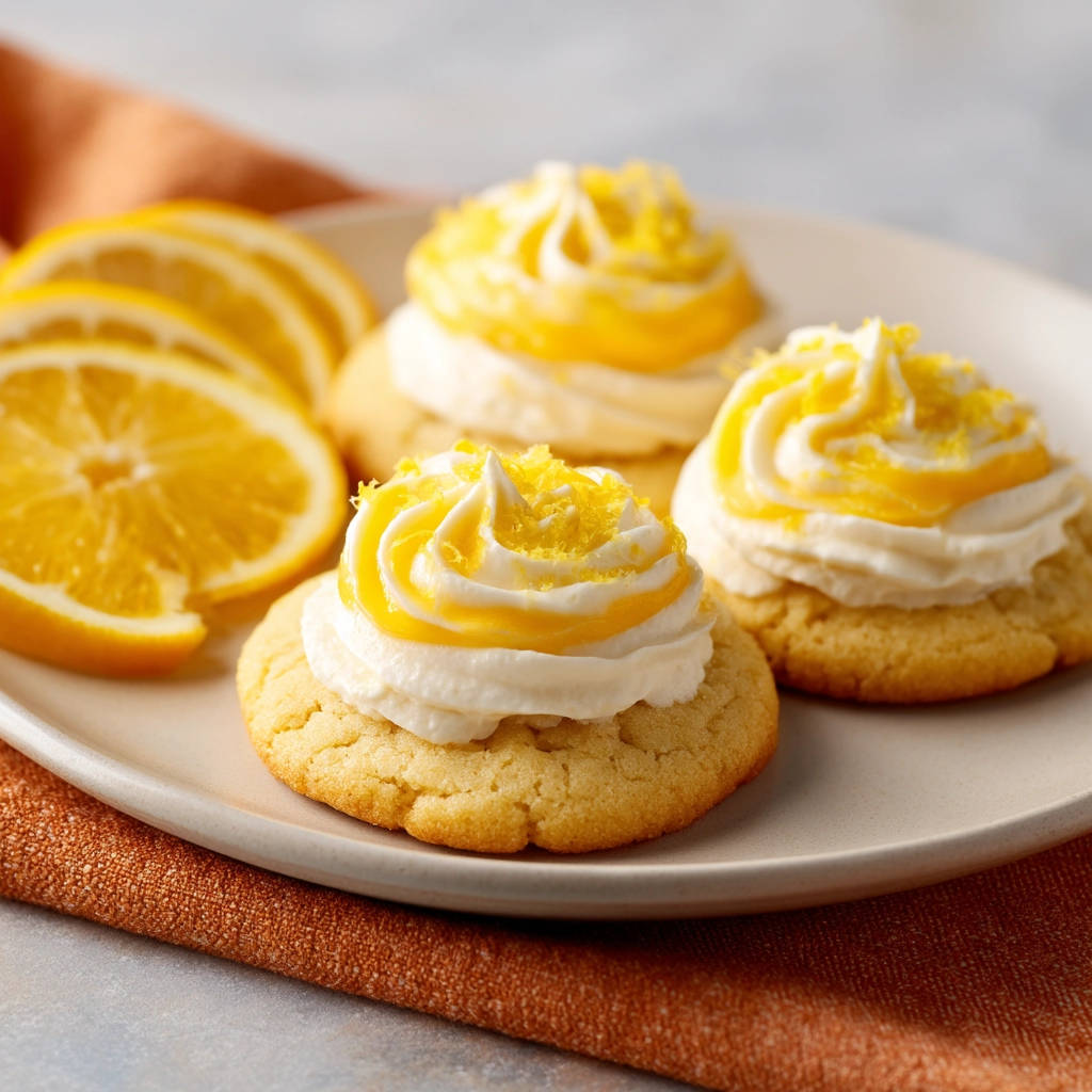 Orangen-Plätzchen mit cremigem Frosting, Nahaufnahme des zarten Gebäcks mit Zitronenglasur und Zitrusschale garniert.