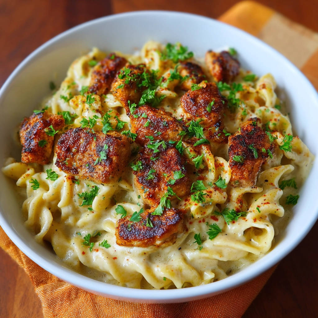 Pasta mit cremiger Sauce und Hähnchen, garniert mit Petersilie und Paprikapulver, Nahaufnahme des Gerichts.