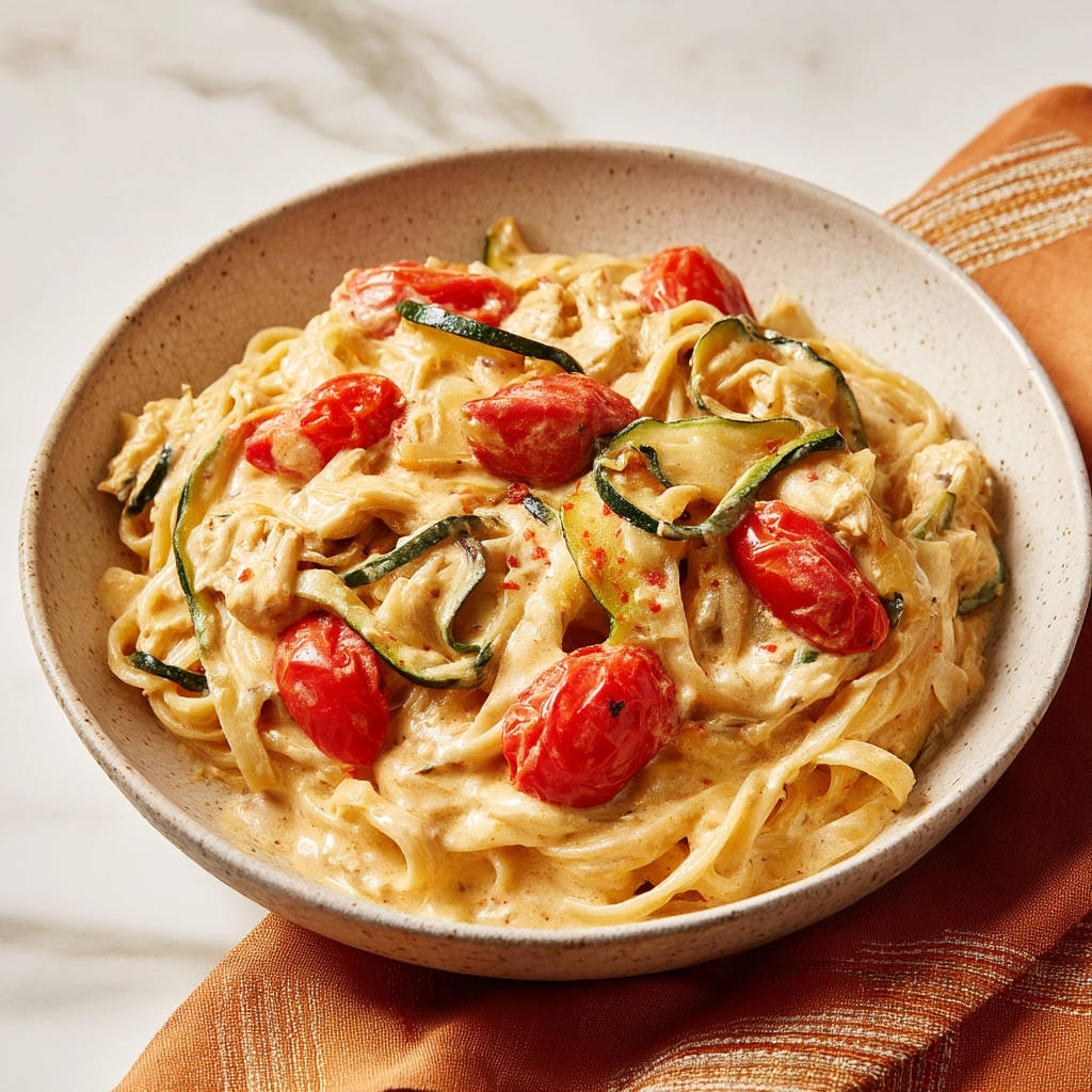 Pasta mit Zucchini und Tomaten in cremiger Soße, Nahaufnahme der dampfenden Nudelportion mit Gemüse.