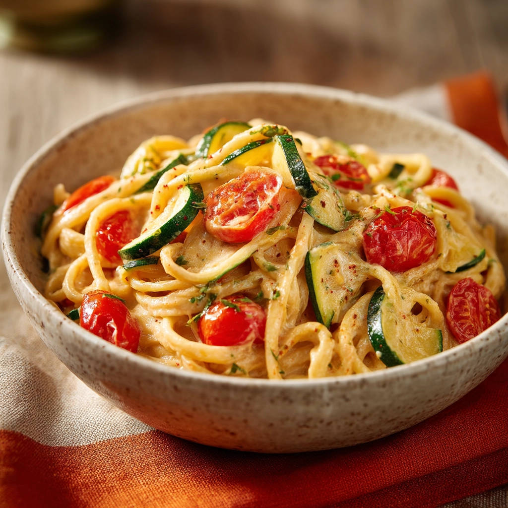 Pasta mit Zucchini und Tomaten als Nahaufnahme einer cremigen Portion, serviert in einer Schüssel.