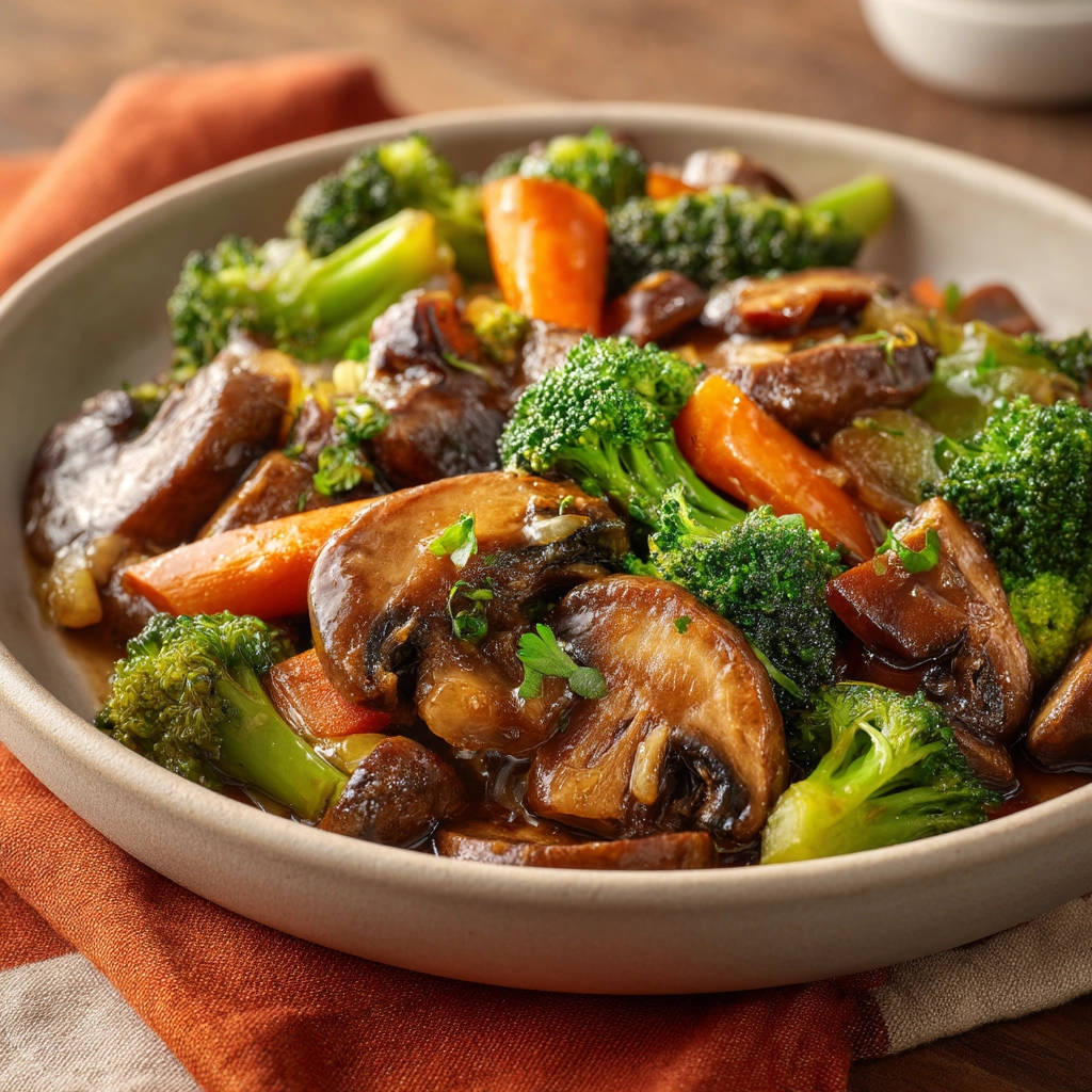 Perfekt gebratenes Gemüse: Brokkoli, Champignons und Karotten in einer Nahaufnahme mit glänzender Sauce.