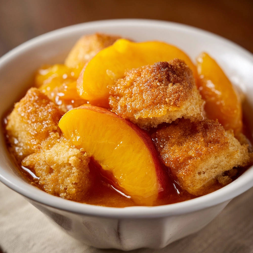 Pfirsich Cobbler als Nahaufnahme mit saftigen Pfirsichstücken und goldbraunen Teigstückchen in einer weißen Schüssel.