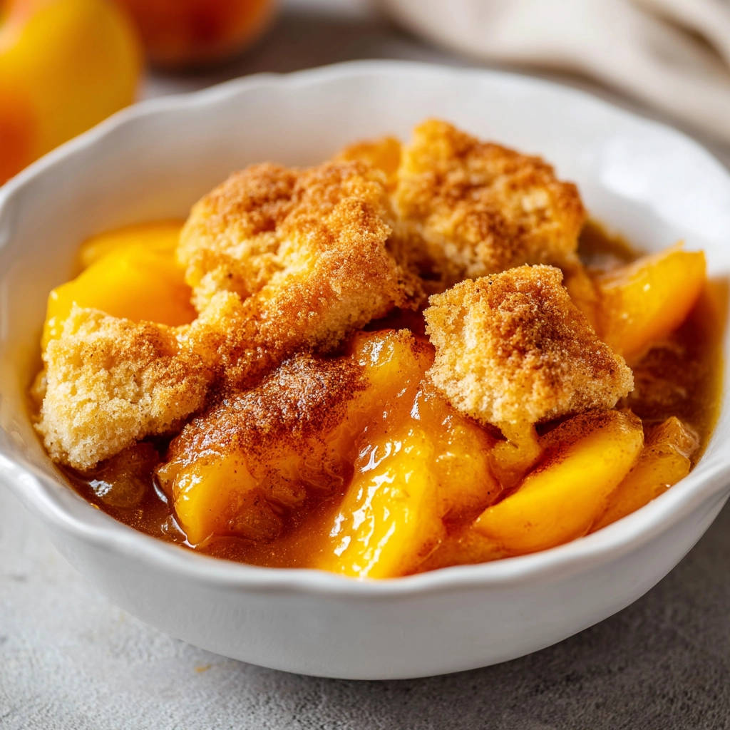 Pfirsich Cobbler in einer weißen Schüssel, mit Nahaufnahme der saftigen Pfirsiche und knusprigen Krume.
