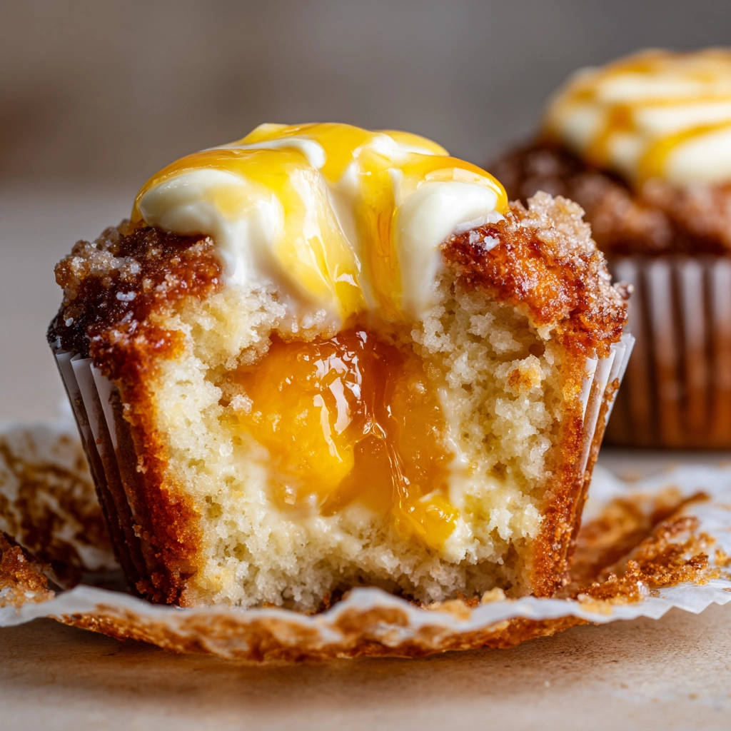 Saftige Pfirsich-Cupcakes mit Salted Caramel, angeschnitten und mit cremigem Topping und Karamellglaze garniert.