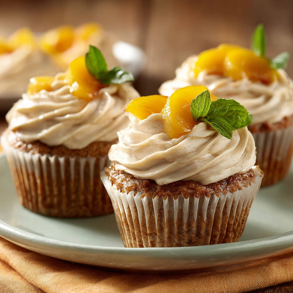 Pfirsich Cupcakes mit Sahnefrosting, garniert mit frischen Pfirsichstücken und Minze auf einem Teller
