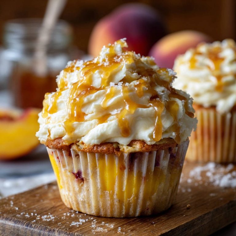 Saftige Pfirsich-Cupcakes mit Salted Caramel, dekoriert mit weisser Creme und Karamellsauce