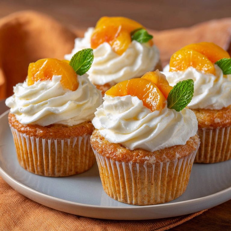 Pfirsich Cupcakes mit Sahnefrosting, garniert mit Pfirsichscheiben und Minze auf einem Teller