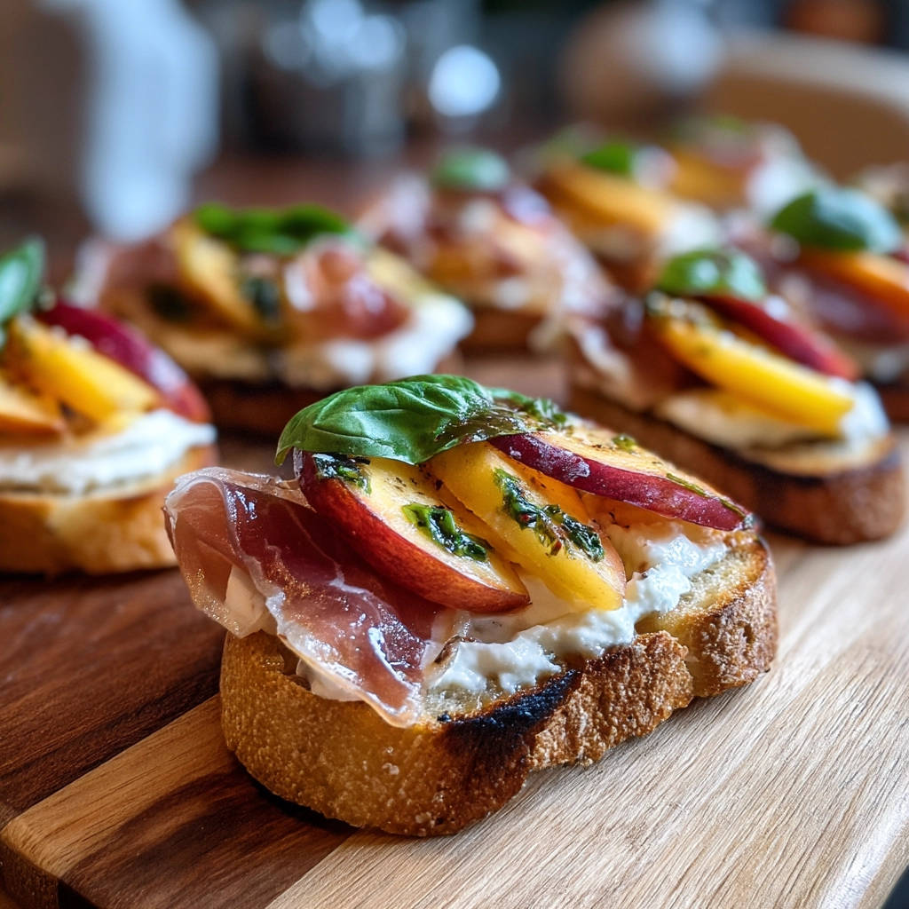 Pfirsich-Prosciutto Crostini als Nahaufnahme des garnierten Gerichts auf einem Holzbrett mit frischem Basilikum und Schinken.