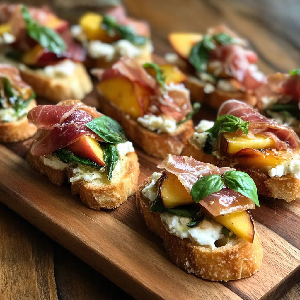 Pfirsich-Prosciutto Crostini, kunstvoll mit frischem Pfirsich, Parmaschinken und Basilikum garniert auf geröstetem Baguette.