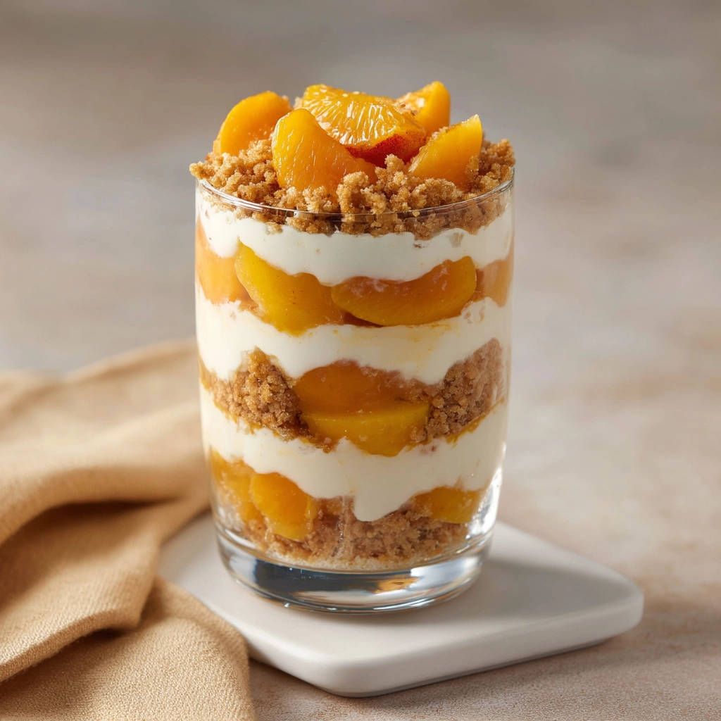 Pfirsich-Schichtdessert im Glas mit knackigen Krümeln, Nahaufnahme der geschichteten Zutaten und frischen Pfirsichstücken.