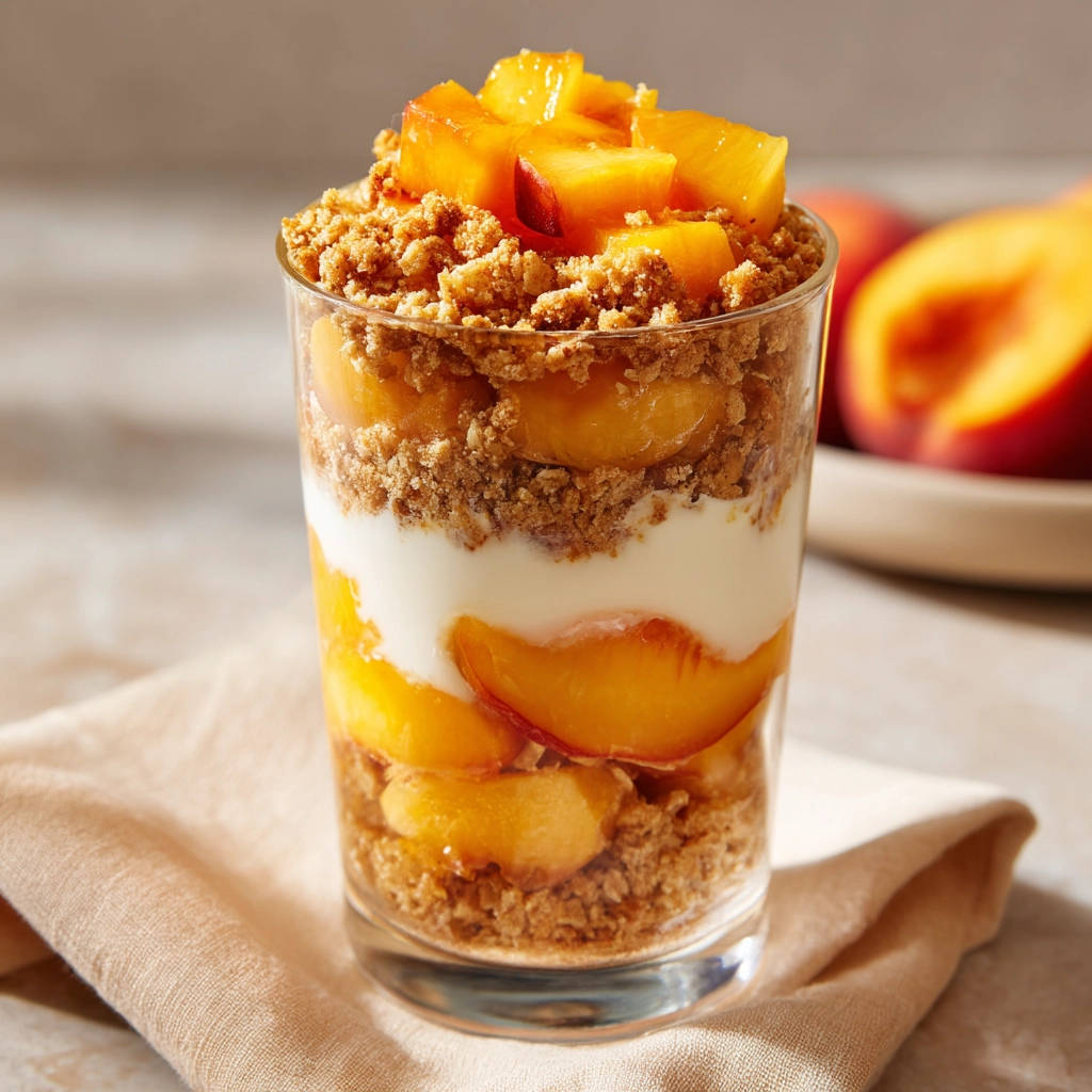 Pfirsich-Schichtdessert im Glas: Knusprige Krümel und cremige Schichten in Nahaufnahme, mit frischen Pfirsichstücken garniert.