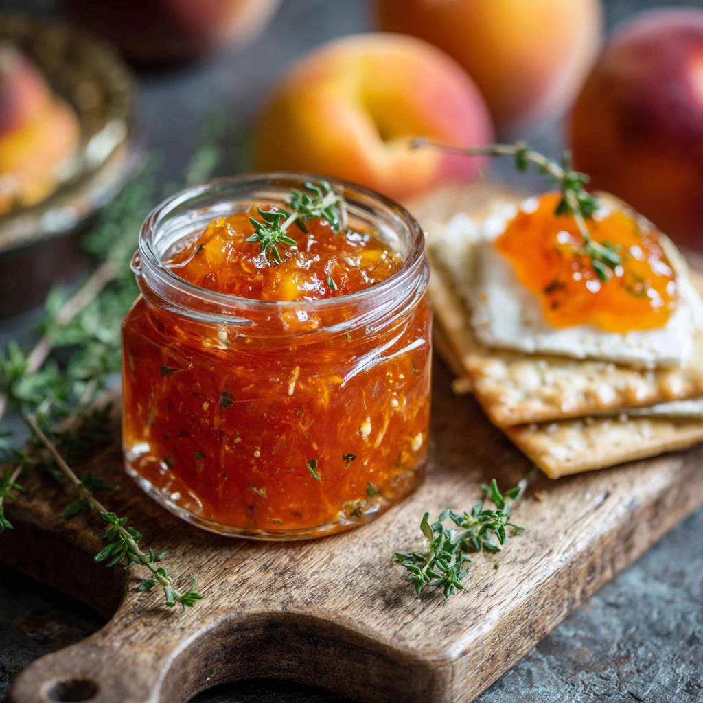Pfirsichmarmelade mit Kräutern in einem Glas mit frischen Kräutern garniert, serviert auf Crackern mit Frischkäse.