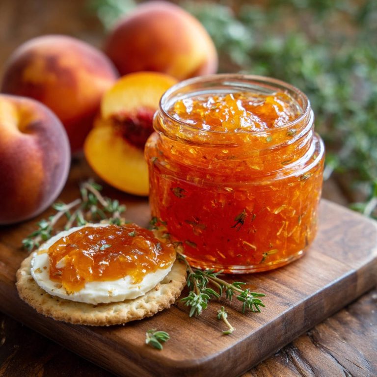 Pfirsichmarmelade mit Kräutern im Glas mit einer Kräuter-Thymian-Garnitur auf einem Cracker mit Frischkäse.