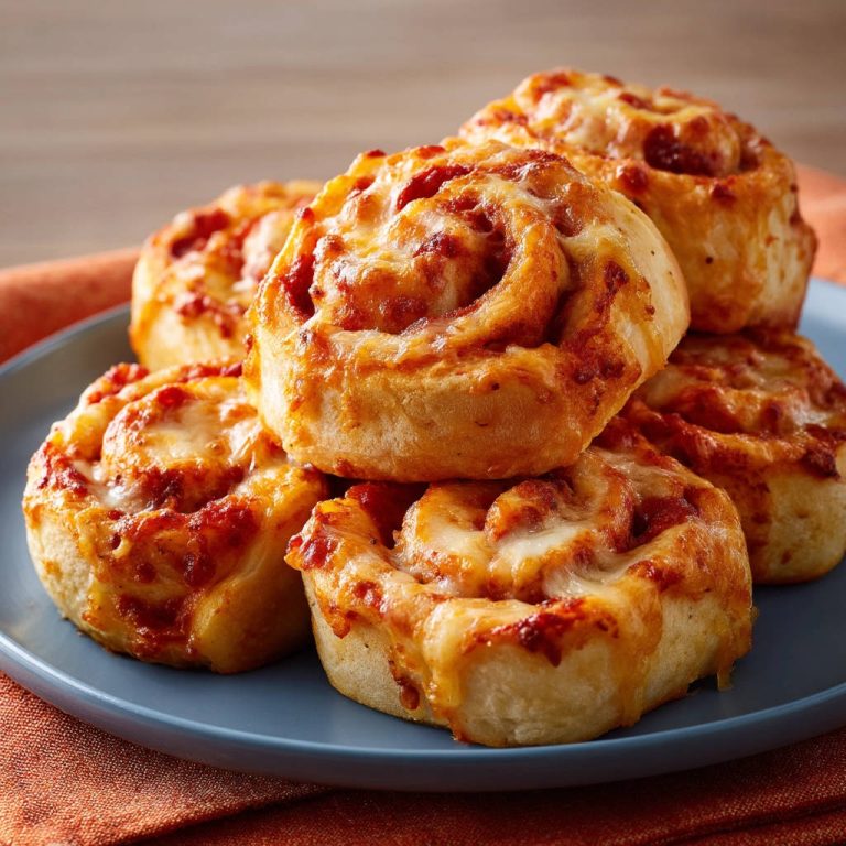 Pizzaschnecken Rezept: Ein Stapel frisch gebackener Pizzaschnecken mit geschmolzenem Käse, nahaufnahme auf einem Teller.