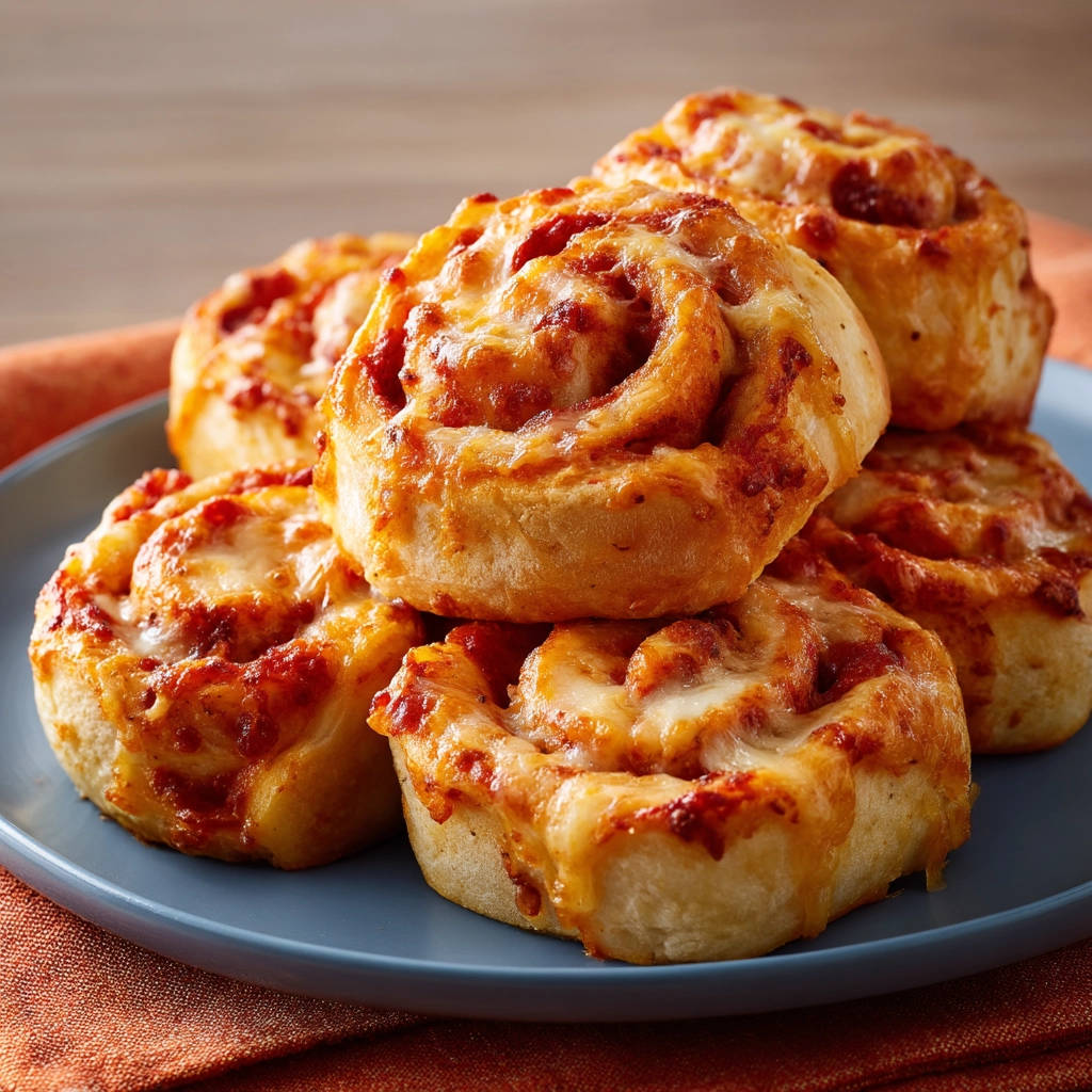 Pizzaschnecken Rezept: Ein Stapel frisch gebackener Pizzaschnecken mit geschmolzenem Käse, nahaufnahme auf einem Teller.
