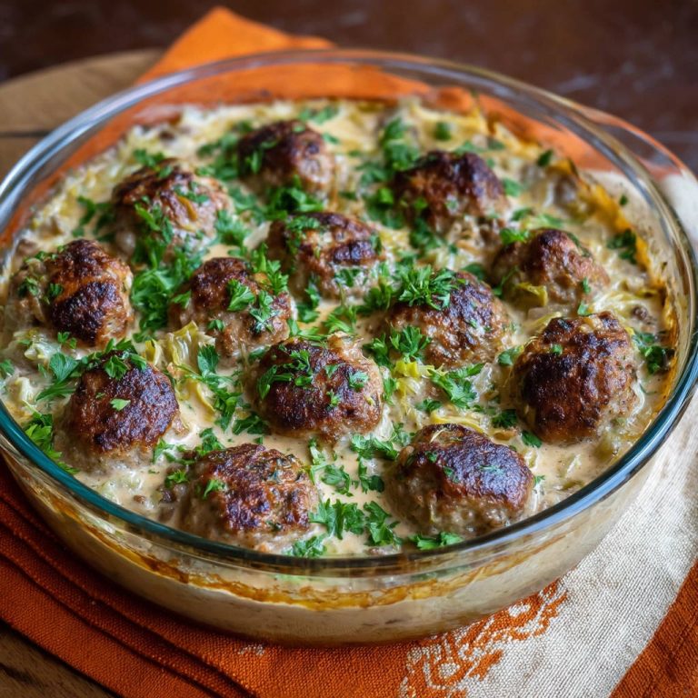 Rahm-Lauch-Hackbällchen-Auflauf mit frischer Petersilie garniert, saftige Bällchen in cremiger Sauce im Glasauflauf