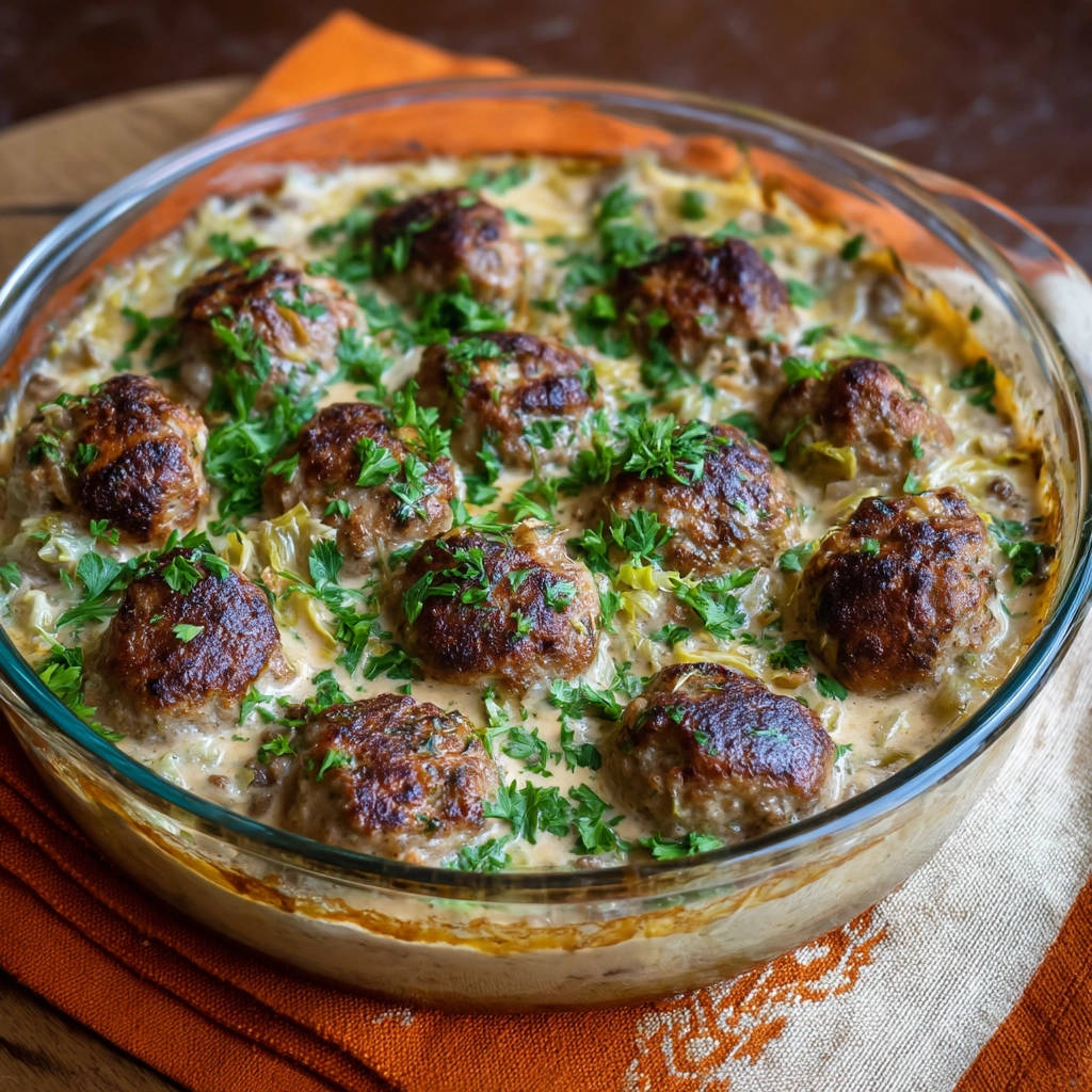 Rahm-Lauch-Hackbällchen-Auflauf mit frischer Petersilie garniert, saftige Bällchen in cremiger Sauce im Glasauflauf