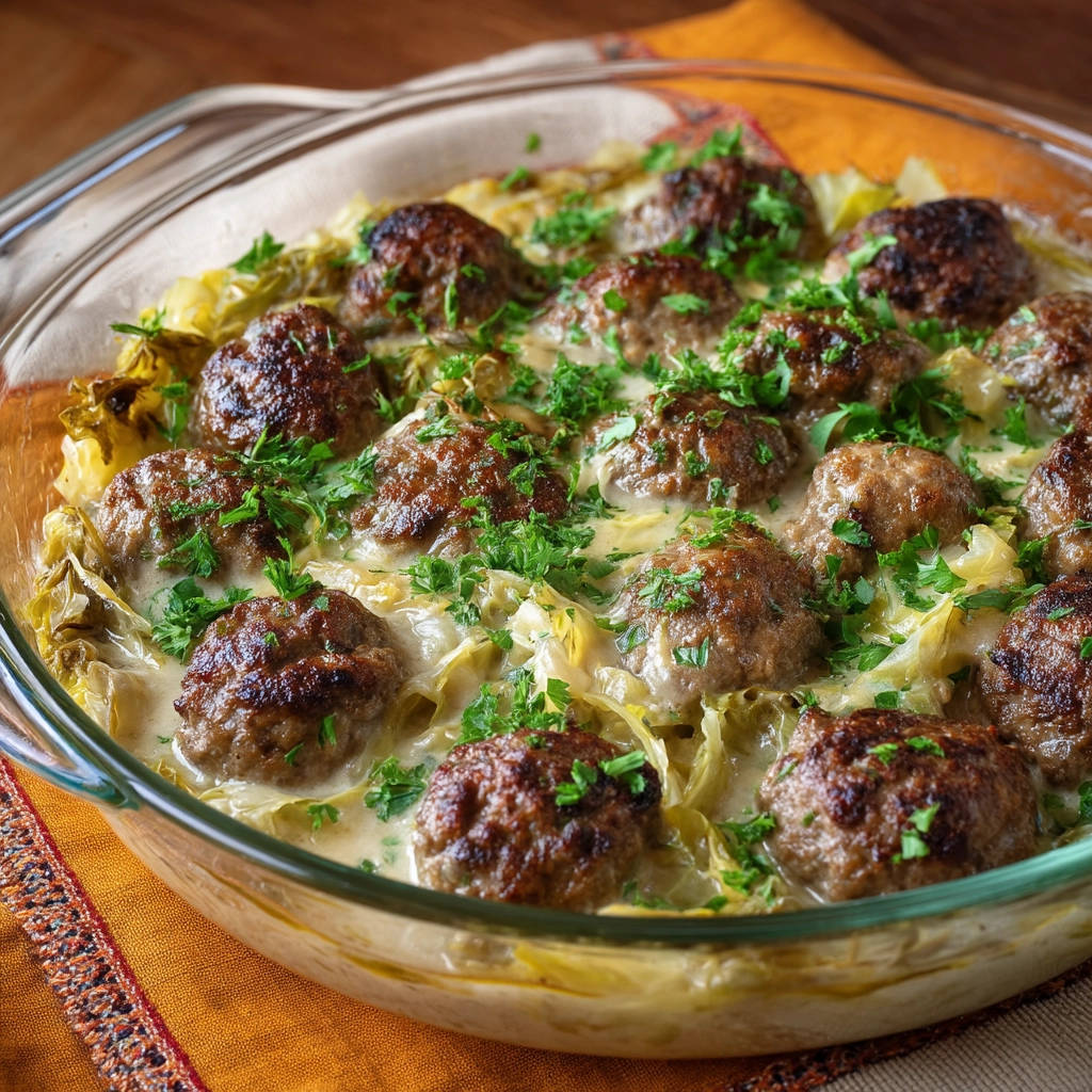 Rahm-Lauch-Hackbällchen-Auflauf in einer Glasauflaufform mit frischer Petersilie garniert, eine cremige Sauce umgibt die Bällchen und den Kohl.