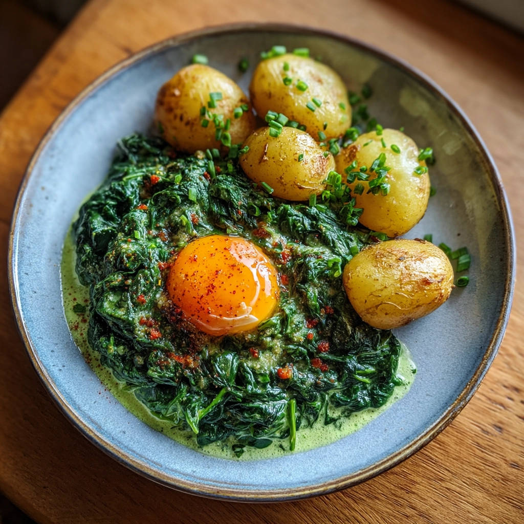 Rahmspinat mit Kartoffeln und Eigelb, serviert in einer Schüssel mit einem glänzenden Eigelb und kleinen Kartoffeln.