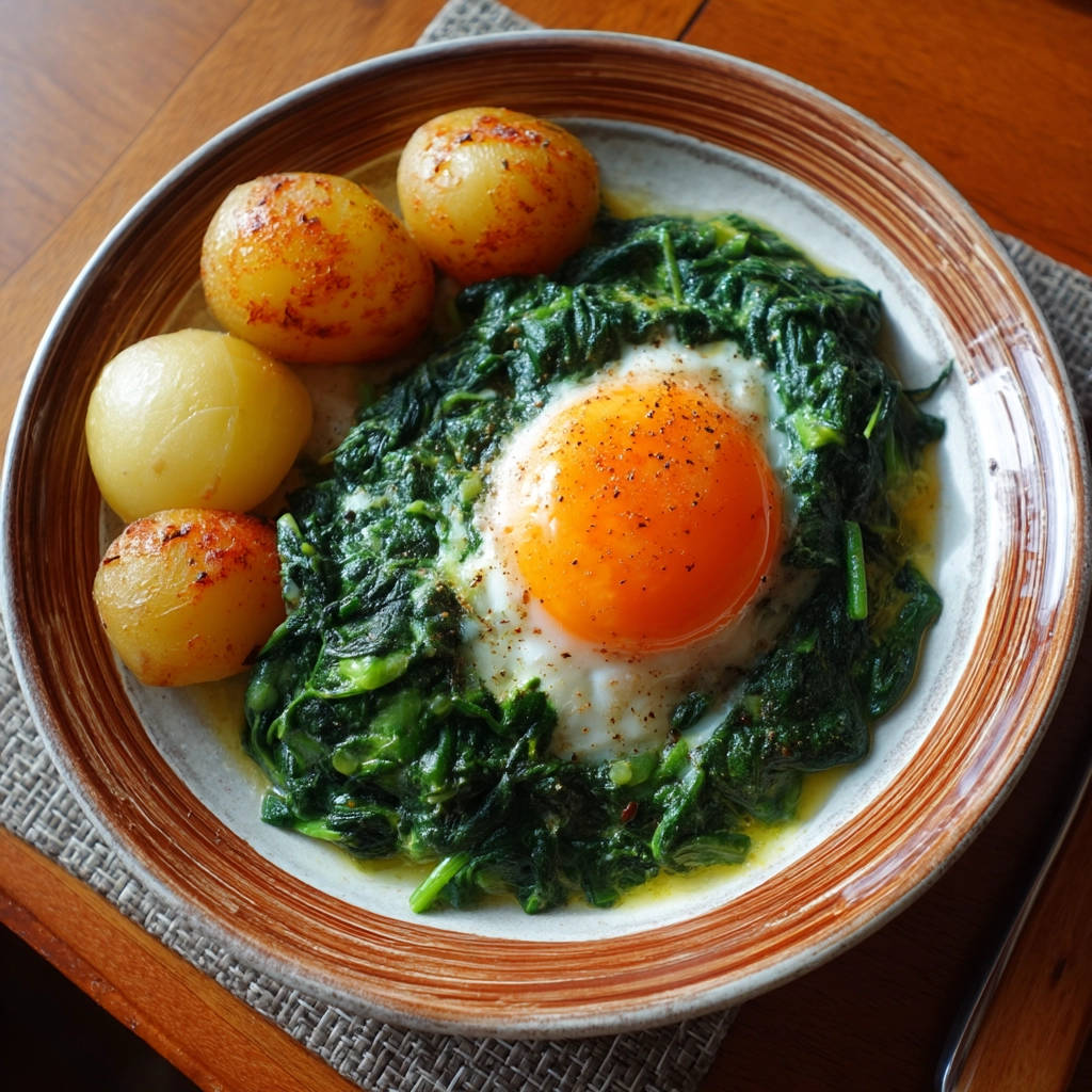 Rahmspinat mit Kartoffeln und Eigelb: Nahaufnahme des cremigen Gerichts mit einem perfekt gebratenen Ei.