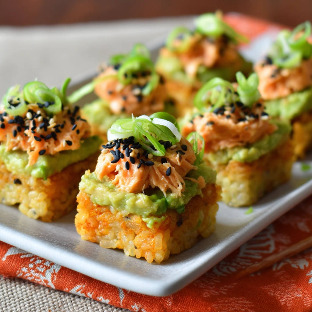 Reispatties mit Lachs und Avocado, knusprig und cremig, mit schwarzem Sesam und Frühlingszwiebeln garniert.