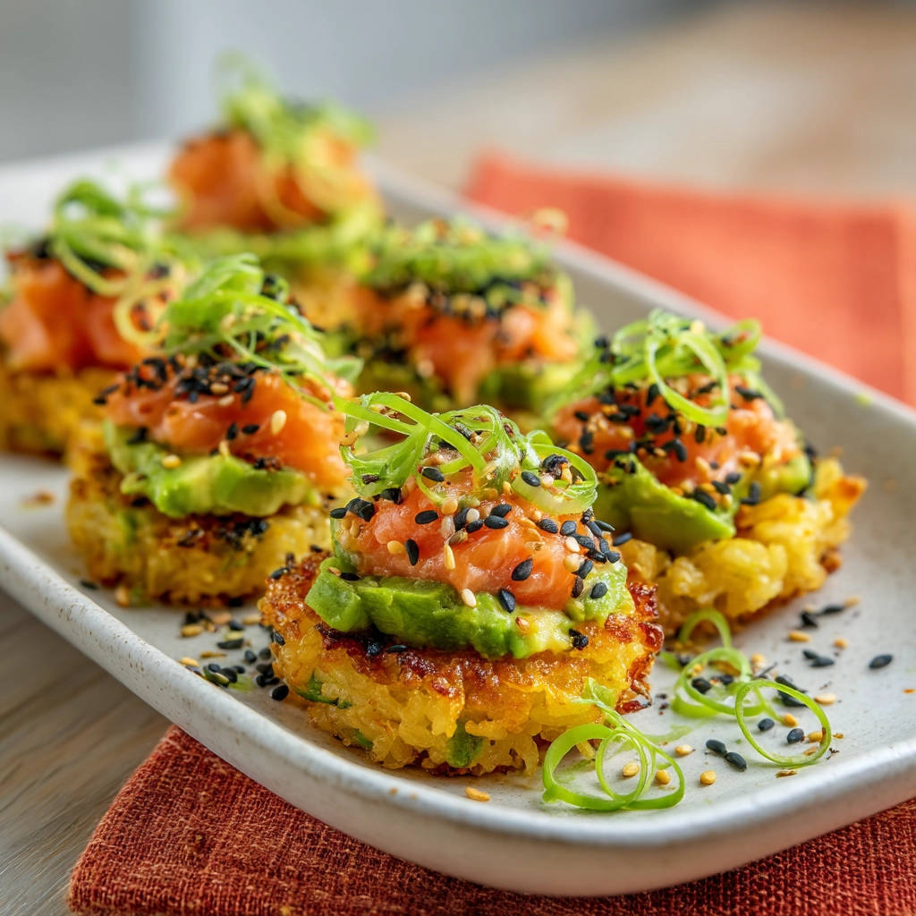 Reispatties mit Lachs und Avocado, garniert mit Frühlingszwiebeln und Sesam, auf einem weißen Teller serviert.