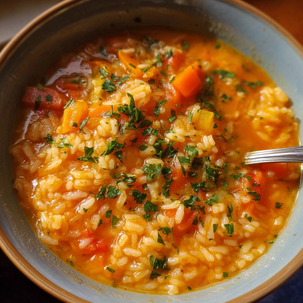 Reissuppe mit Gemüse, eine Nahaufnahme einer Schüssel mit Reis, Karotten und Kräutern, die appetitlich garniert ist.