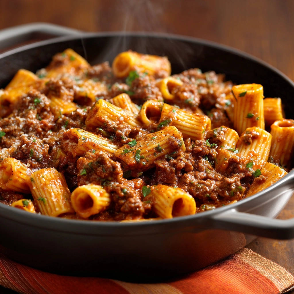 Schnelle Rigatoni mit herzhafter Fleischsoße, heiß und dampfend in einer Schüssel aus der Nähe gezeigt.