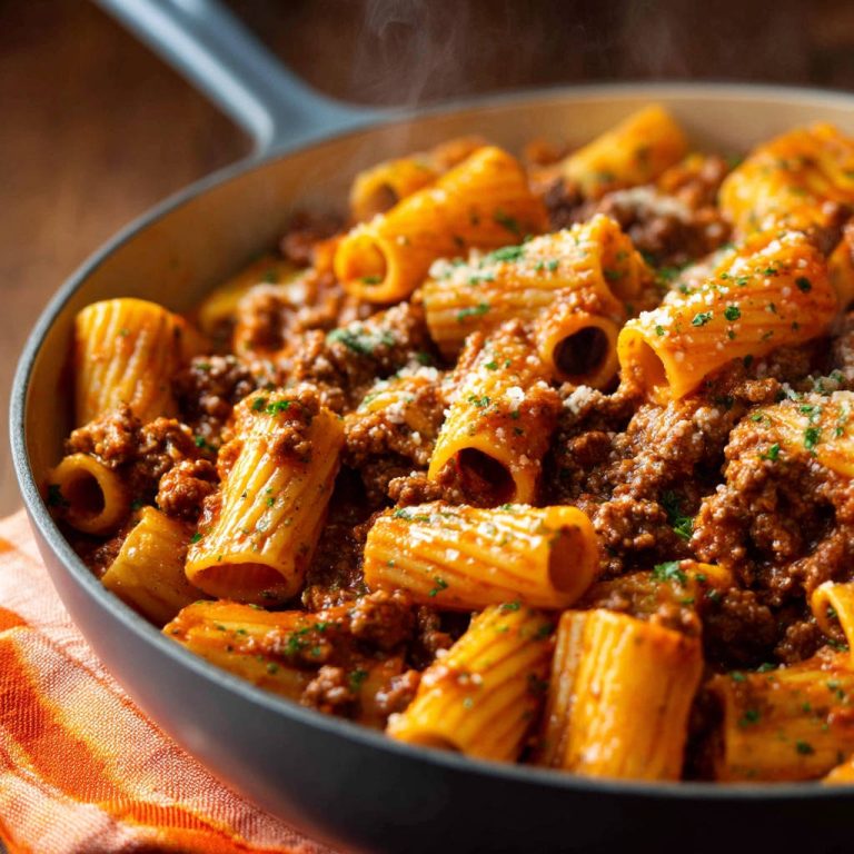 Schnelle Rigatoni mit herzhafter Fleischsoße aus der Pfanne, mit geriebenem Parmesan und Petersilie garniert