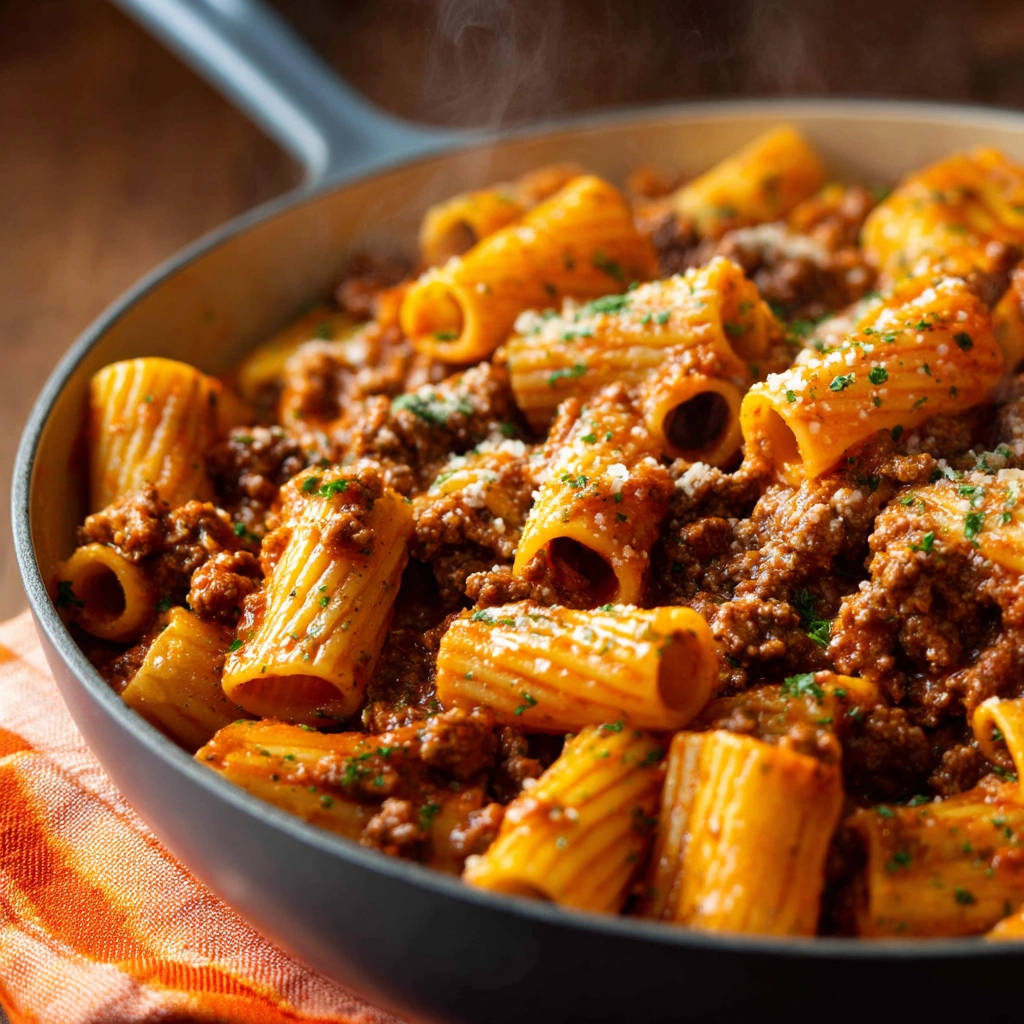 Schnelle Rigatoni mit herzhafter Fleischsoße aus der Pfanne, mit geriebenem Parmesan und Petersilie garniert
