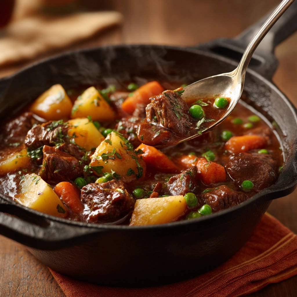Rindergulasch mit Kartoffeln, aus dem Topf geschöpft mit einem Löffel, zeigt zartes Fleisch und Gemüse.