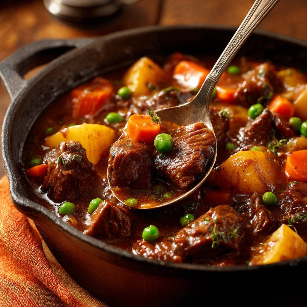 Rindergulasch mit Kartoffeln, mit einem Löffel Rindfleisch, Karotten und Erbsen aus dem Topf gehoben, Nahaufnahme.