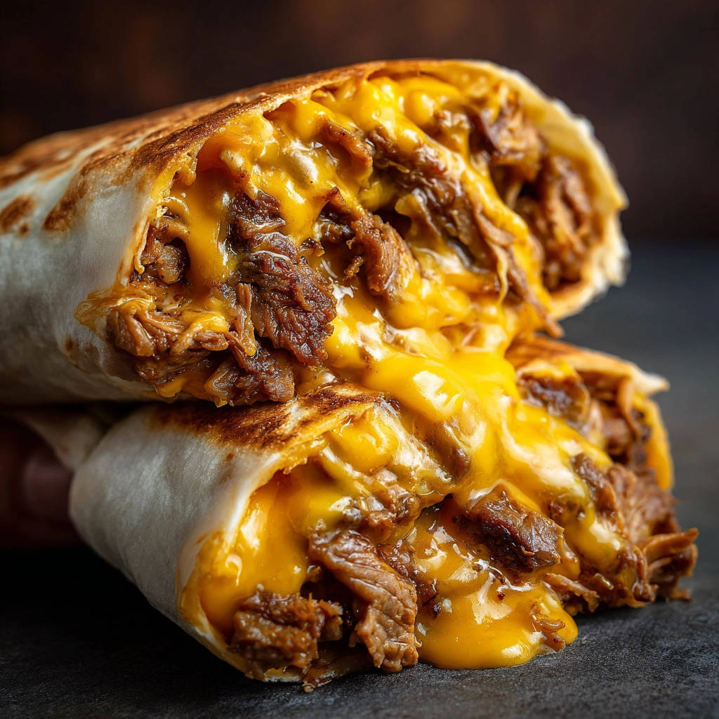 Saftiger Rindfleisch-Burrito wie in Kalifornien angeschnitten, mit geschmolzenem Käse und zartem Fleisch im Inneren.