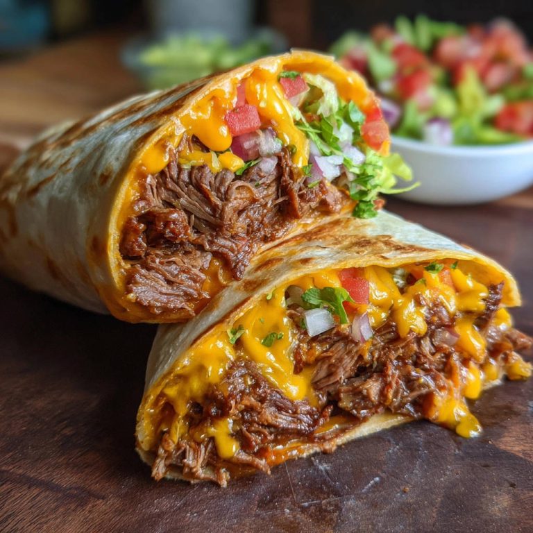 Saftiger Rindfleisch-Burrito wie in Kalifornien, angeschnitten und mit geschmolzenem Käse gefüllt, auf einem Holzbrett serviert.