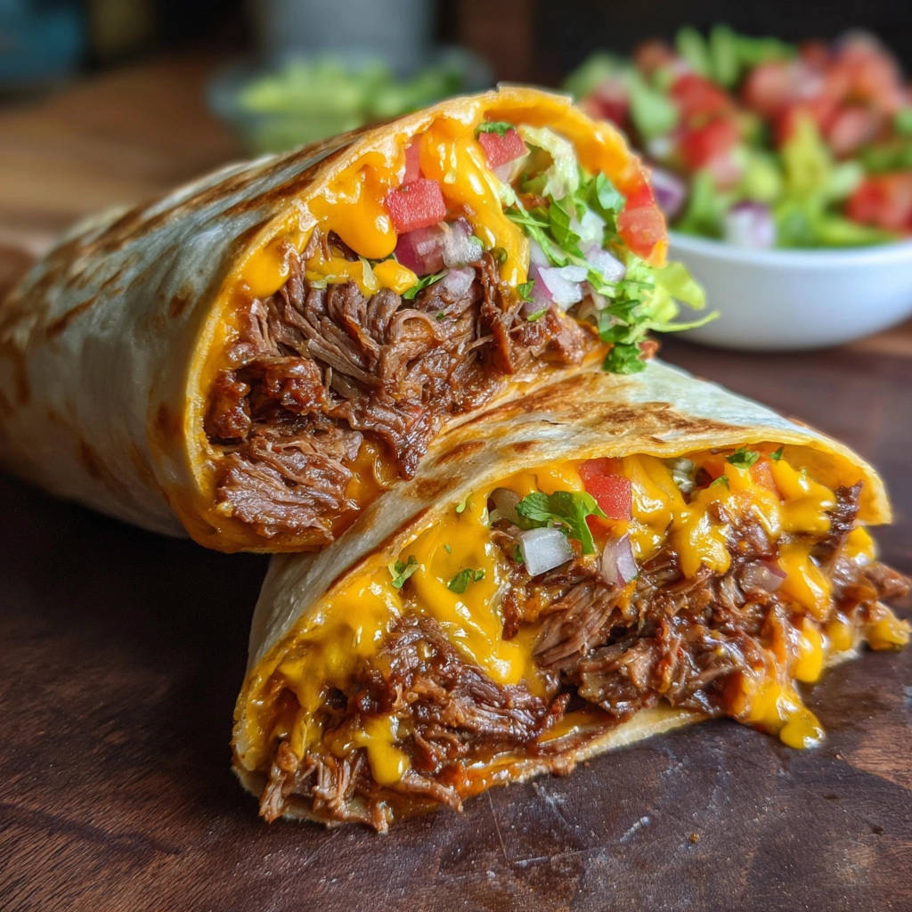 Saftiger Rindfleisch-Burrito wie in Kalifornien, angeschnitten und mit geschmolzenem Käse gefüllt, auf einem Holzbrett serviert.