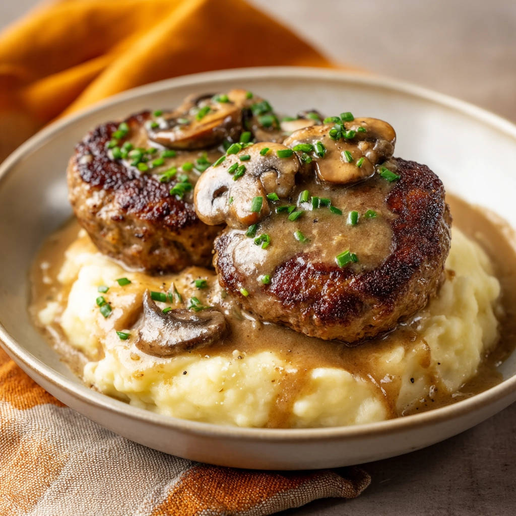 Saftige Frikadellen mit Kartoffelpüree und Pilzsoße, serviert in einer Schüssel mit Pilzen und gehackten Kräutern garniert.