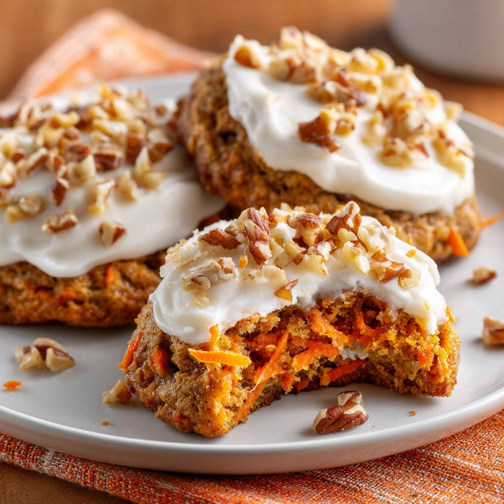 Saftige Karottenkuchen-Kekse mit Frischkäse-Frosting, eine davon angeschnitten, um das Innere und die Karottenstreifen zu zeigen.