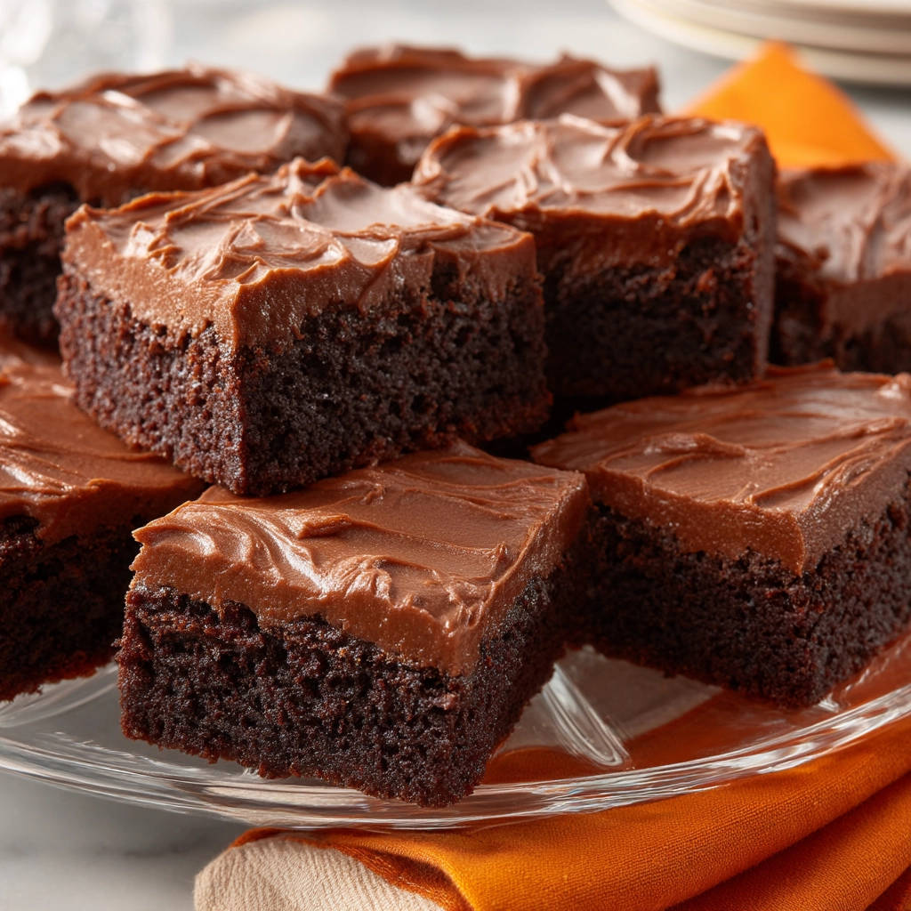 Saftige Schoko Brownies mit Glasur, gestapelt auf einem Teller, mit einem deutlichen Anschnitt, der die Textur zeigt.