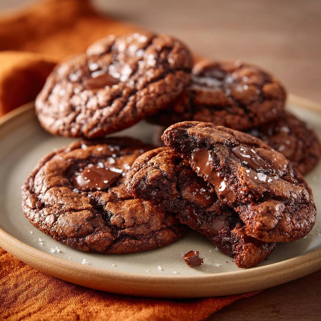 Saftige Schoko-Cookies angeschnitten, die geschmolzene Schokoladenstückchen im Inneren zeigen und mit Meersalz bestreut sind.
