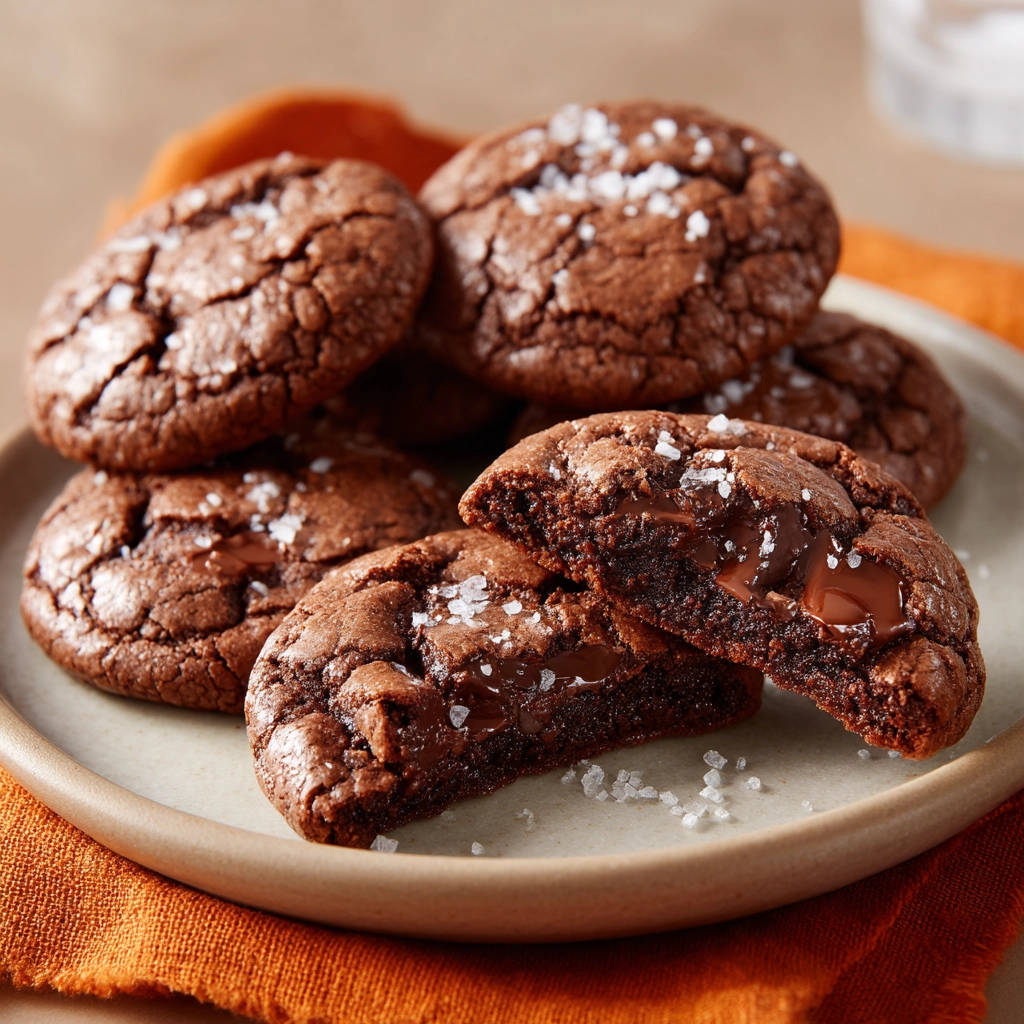 Saftige Schoko-Cookies angeschnitten mit geschmolzener Schokolade und Meersalzflocken, Nahaufnahme des Inneren.