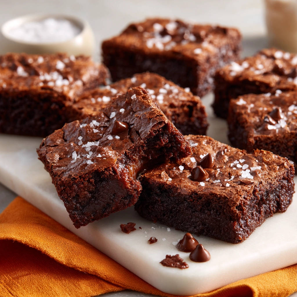 Saftige Schokoladen-Brownies mit Meersalz, angeschnitten, zeigen eine fudgy Textur und Schokostückchen.