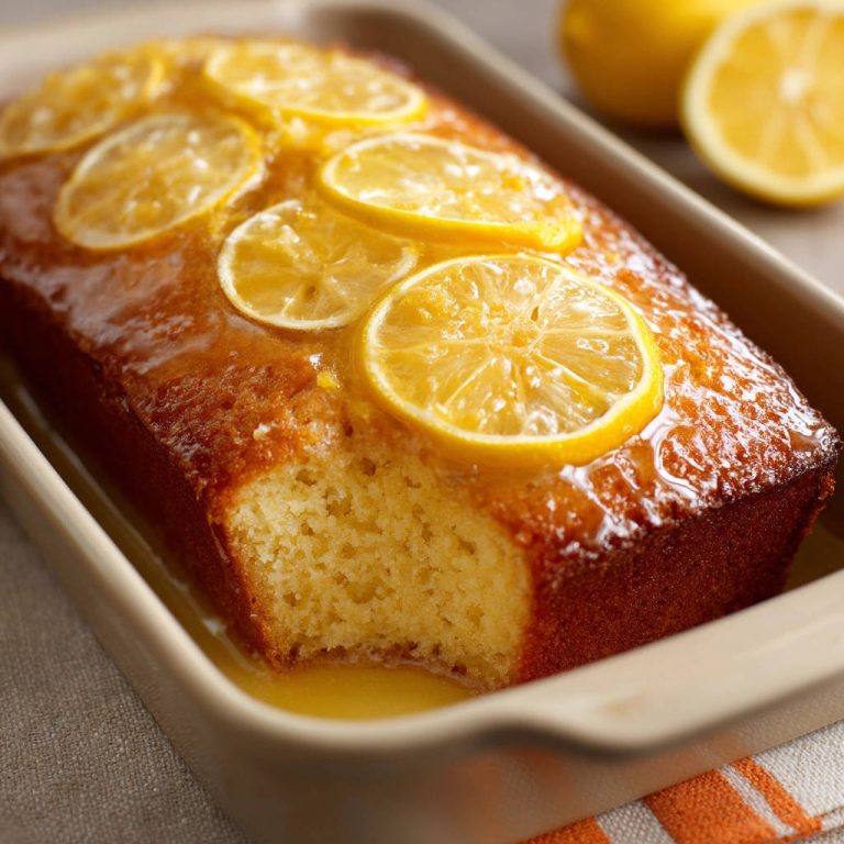 Saftiger Zitronenkuchen mit Glasur, angeschnitten und mit frischen Zitronenscheiben garniert, zeigt die saftige Kuchenkrume.