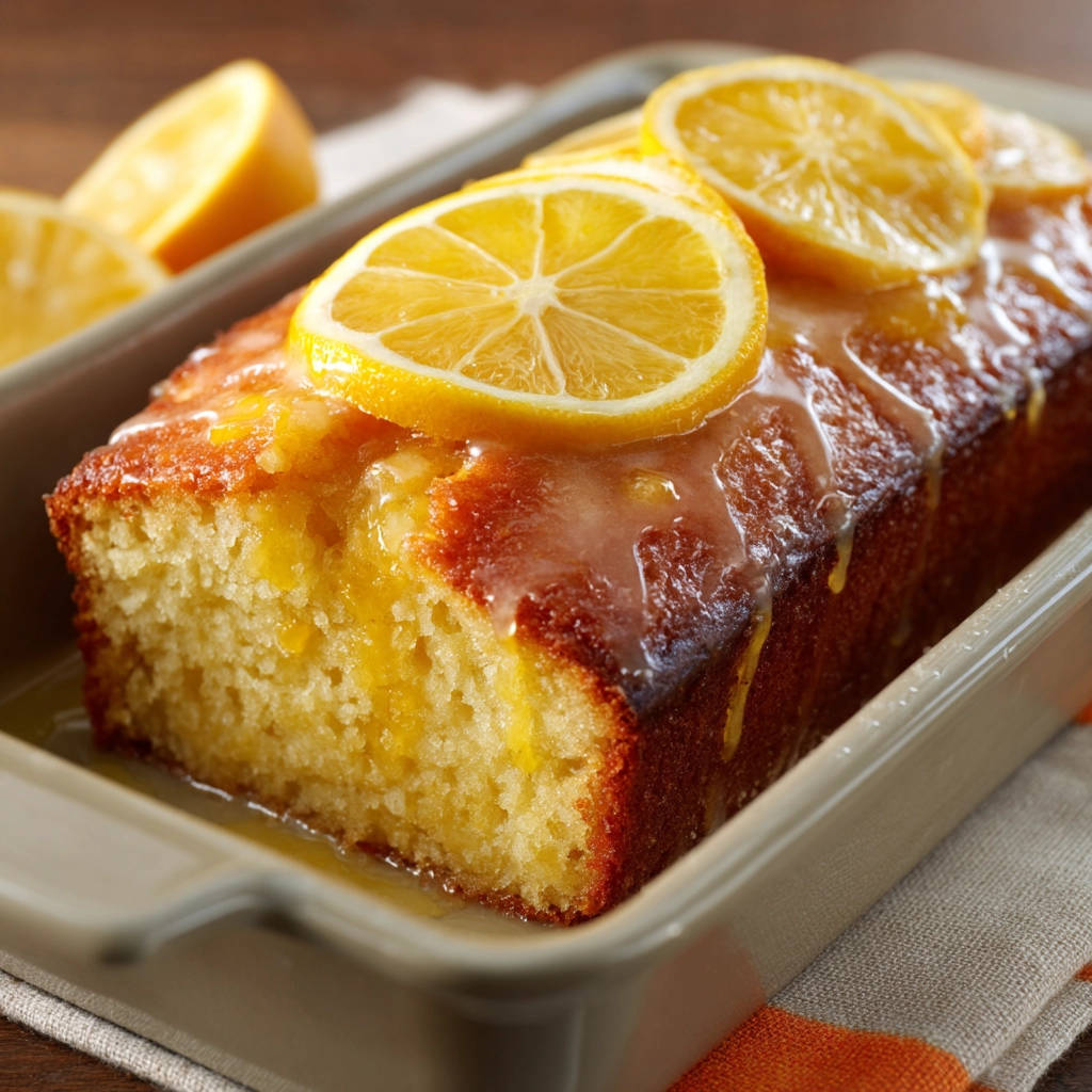 Saftiger Zitronenkuchen mit Glasur, angeschnitten und mit frischen Zitronenscheiben garniert, zeigt die feuchte Krume.