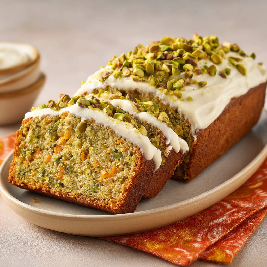 Saftiger Zucchini Kuchen angeschnitten und mit gehackten Pistazien garniert, zeigt die feine Krume und die Glasur.