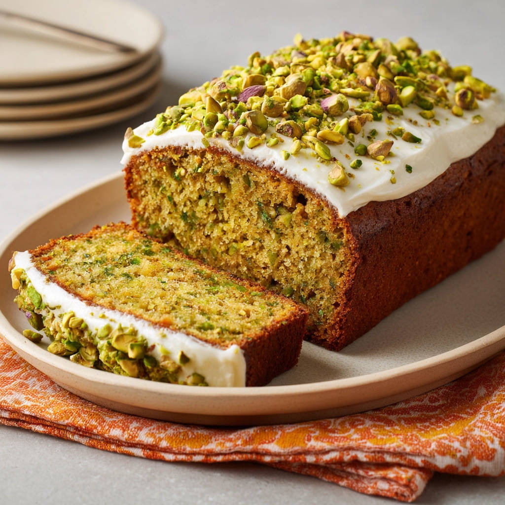 Saftiger Zucchini Kuchen angeschnitten mit einer Scheibe auf einem Teller, garniert mit Frischkäse und Pistazien.