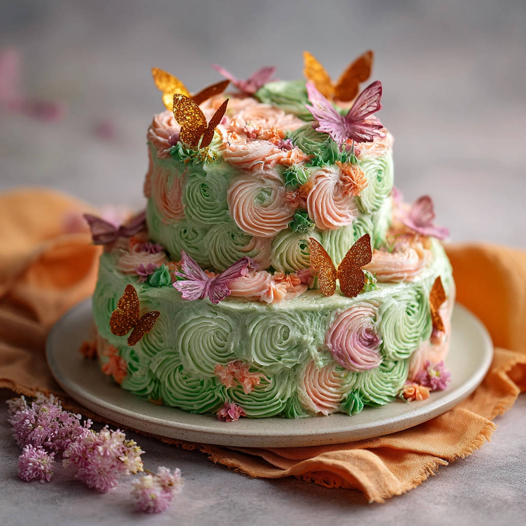 Frühlingshafte Schmetterlingstorte, verziert mit bunten Zuckerschmetterlingen und zarten Buttercreme-Tuffs.