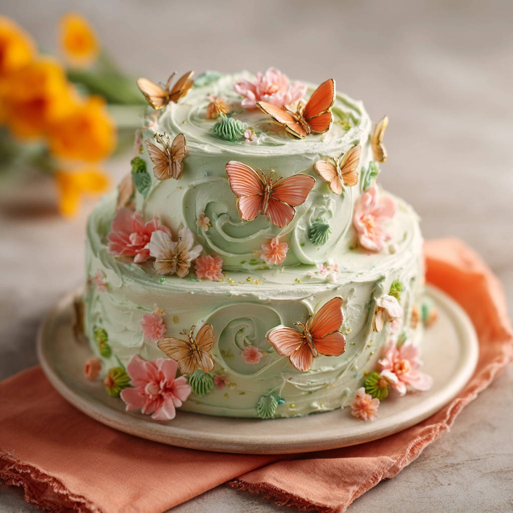 Frühlingshafte Schmetterlingstorte, zweistöckig dekoriert mit zarten Schmetterlingen und bunten Blumen.