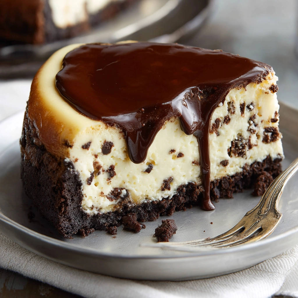 Schoko-Chip Cheesecake mit Ganache, angeschnitten auf einem Teller mit einer Gabel, Schokoladenstücke im cremigen Inneren sichtbar.