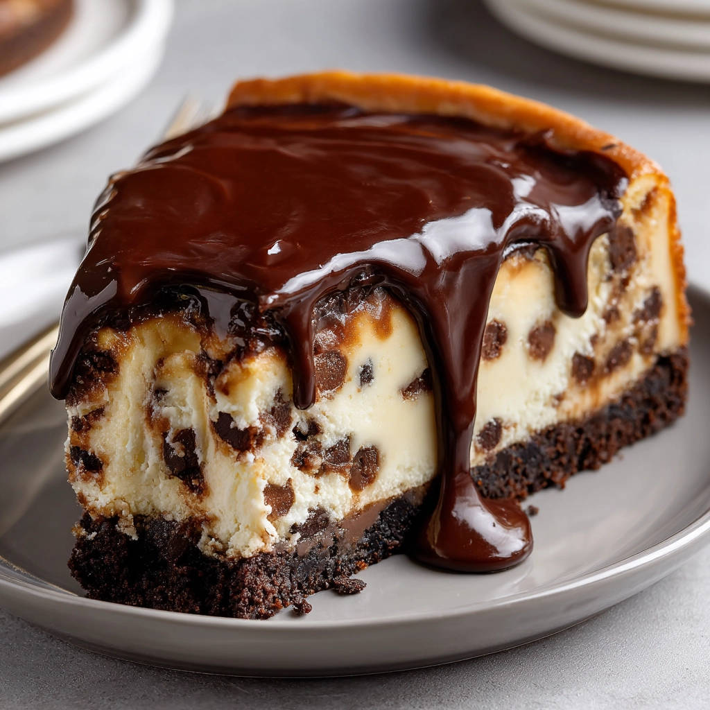 Schoko-Chip Cheesecake mit Ganache, angeschnitten auf einem Teller mit fließender Schokoladensauce und vielen Schokostückchen im Inneren.