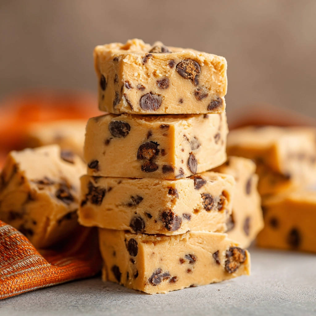 Schoko-Chip-Keksteig-Fudge, gestapelt auf einem orangefarbenen Tuch, zeigt die cremige Textur mit vielen Schoko-Chips.